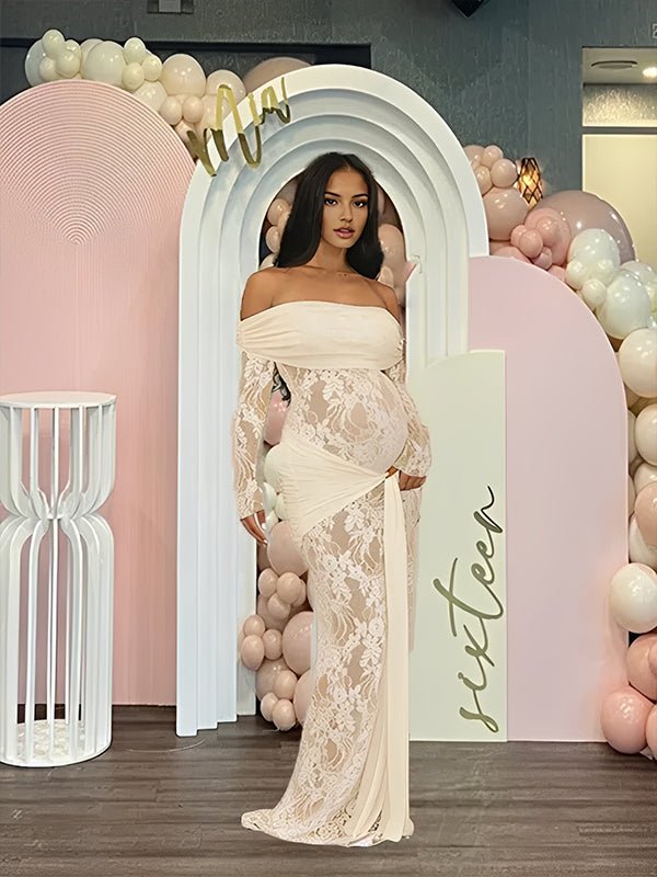 Apricot Off Shoulder Lace Spliced Lace Up Maternity Baby Shower Maxi Dress for Maternity