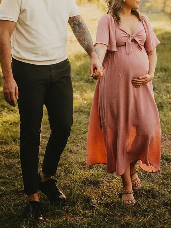 Bow Flutter Sleeve Solid V-neck Flowy Vacation Beach Cute Baby Shower Photoshoot Maternity Maxi Dress for Maternity