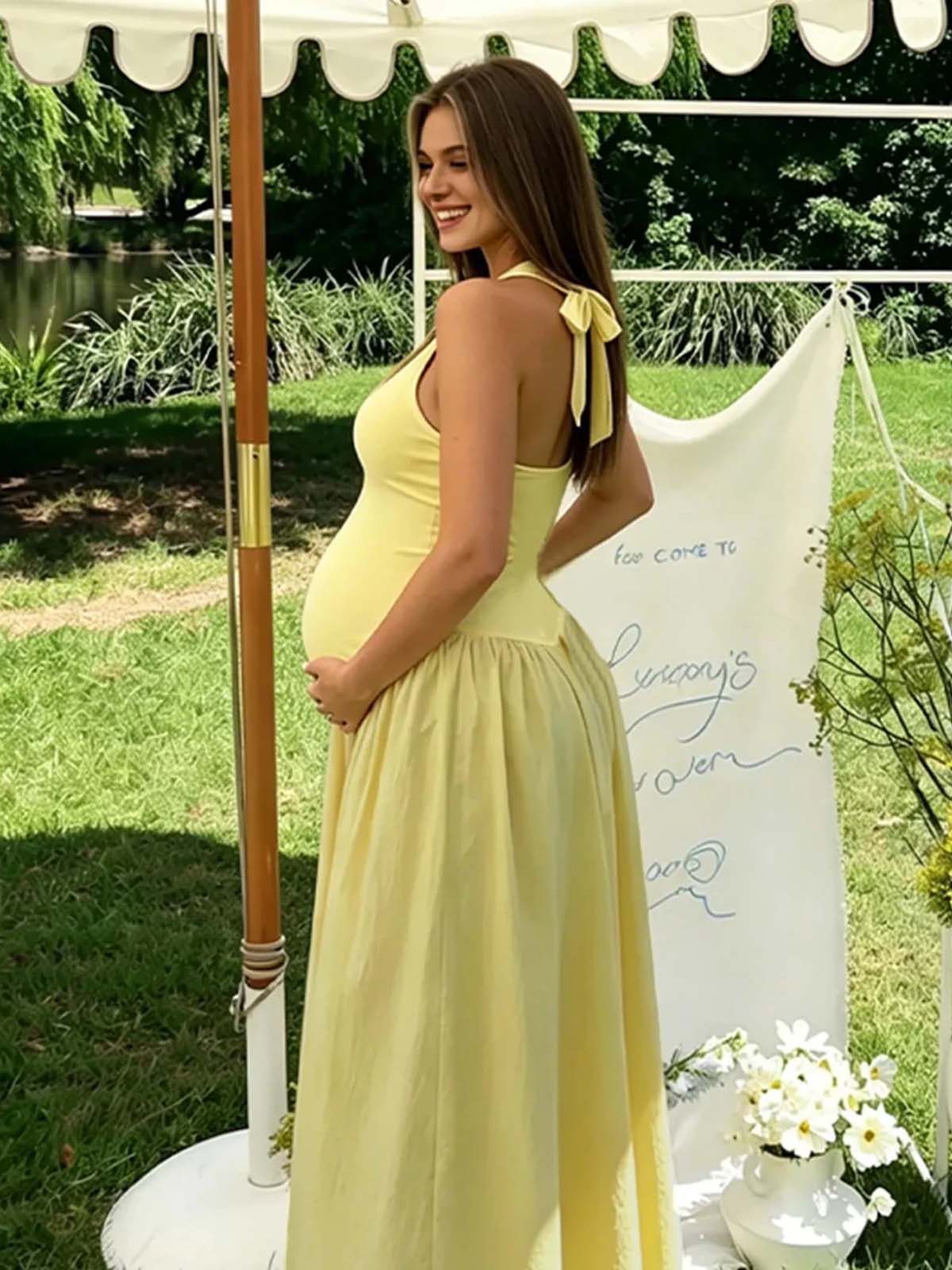Halter Neck Backless Lace Up Ruffle Baby Shower Maternity Maxi Dress for Maternity