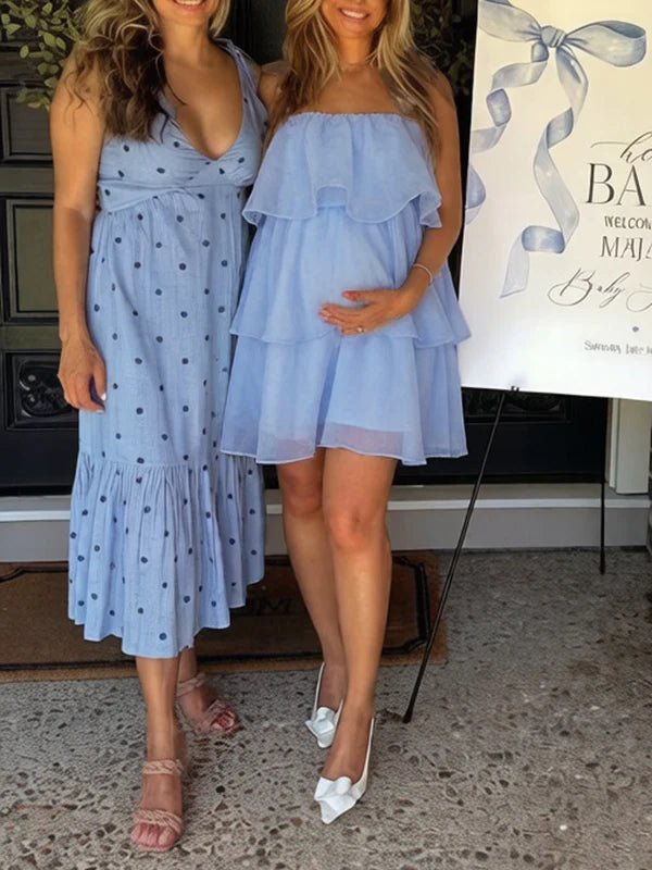 Chic Blue Cascading Ruffle Bandeau Tulle Tutu Baby Shower Maternity Mini Dress for Maternity