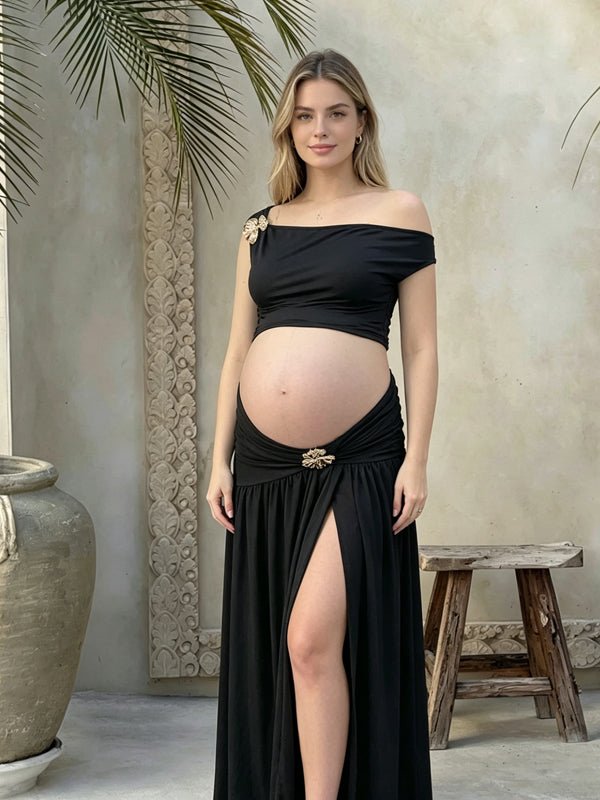 Off Shoulder Side Slit Ruffle 2 Piece Set Maternity Maxi Dress for Maternity