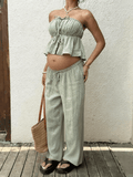 Boho Green Two Piece Lace Up Side Slit Bandeau Peplum Vacation Maternity Strapless Top Wide Leg Pant for Maternity