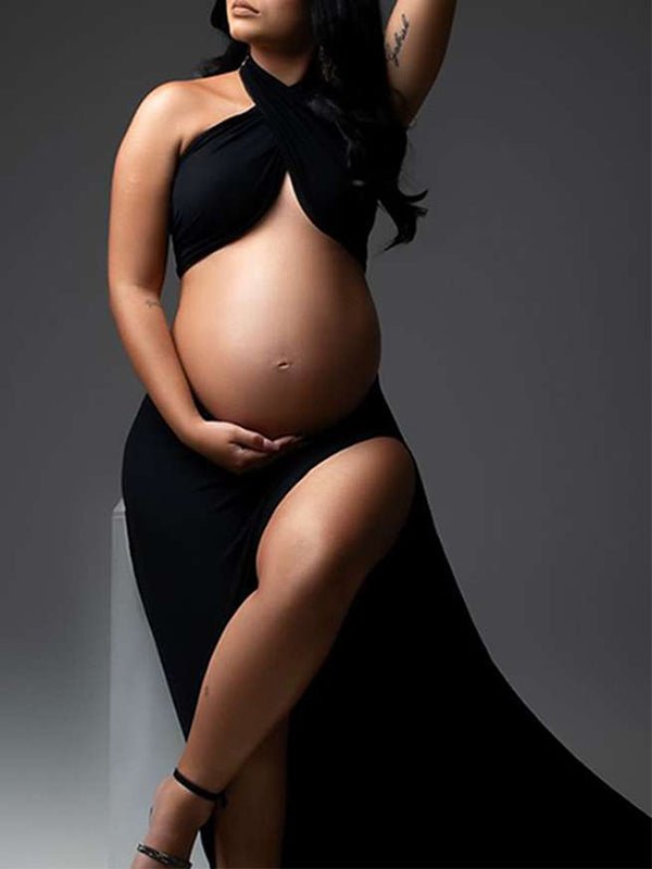 Black Cut Out Crop Thigh High Side Slits Ruched Knot Halter Neck Fashion Photoshoot Maternity Maxi Dress for Maternity