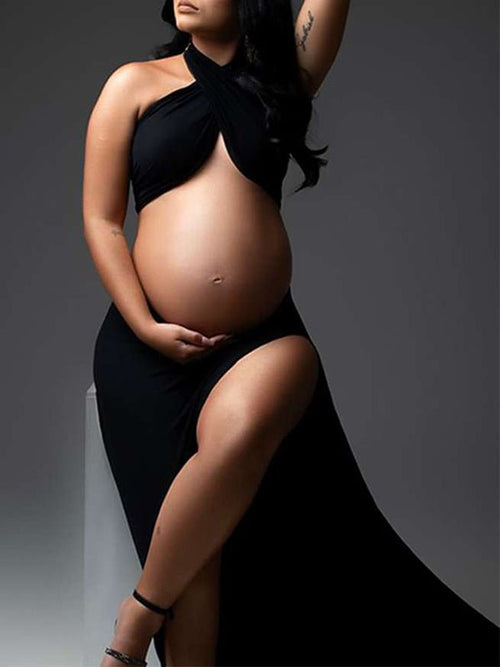 Black Cut Out Crop Thigh High Side Slits Ruched Knot Halter Neck Fashion Photoshoot Maternity Maxi Dress for Maternity