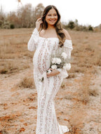 White Off Shoulder Lace Bandeau Tie Front Mermaid Bandage Going Out Photoshoot Maternity Maxi Dress for Maternity