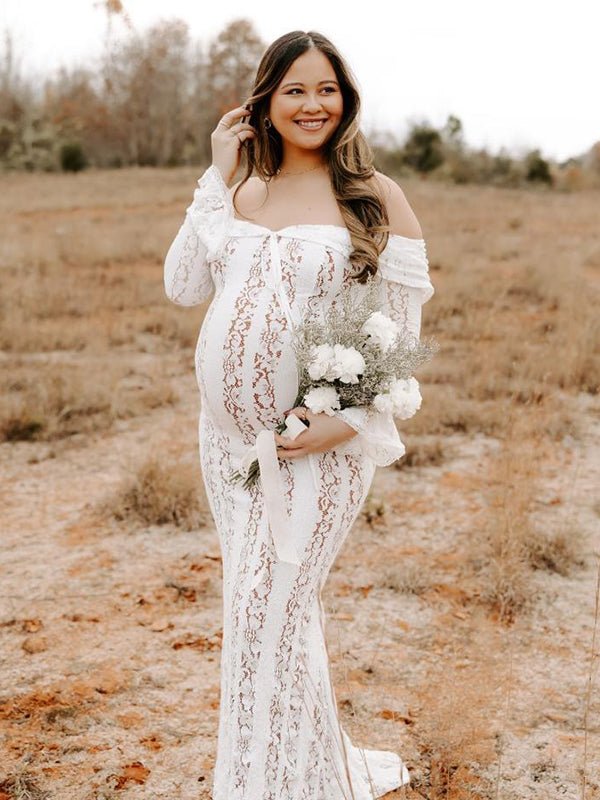 White Off Shoulder Lace Bandeau Tie Front Mermaid Bandage Going Out Photoshoot Maternity Maxi Dress for Maternity