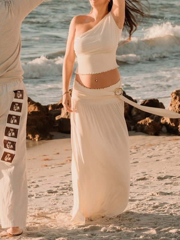 Khaki Oblique Shoulder Smocked Lace Up Two Piece Maternity Photoshoot Maxi Dress for Maternity
