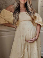 Apricot Daisy Off Shoulder Ruffle Boho Maternity Photoshoot Maxi Dress for Maternity