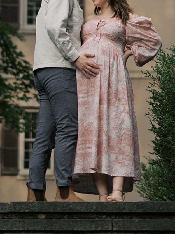 Floral Smocked Lace-up Off Shoulder A-line Maternity Maxi Dress for Maternity