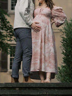 Floral Smocked Lace-up Off Shoulder A-line Maternity Maxi Dress for Maternity
