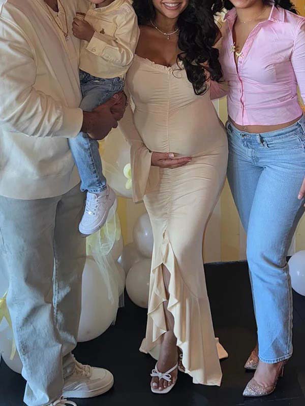 Beige Off Shoulder Ruffle Falbala Ruched Slit Mermaid Elegant Maternity Baby Shower Maxi Dress for Maternity