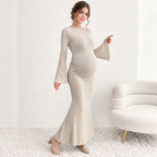 Apricot Long Sleeve Trumpet Flare Maternity Dress for Baby Shower & Photoshoot - Momymoments