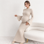 Apricot Long Sleeve Trumpet Flare Maternity Dress for Baby Shower & Photoshoot - Momymoments