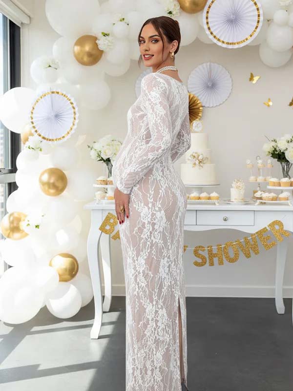 Lace Ruffle Back Slit Square Neck Bodycon Maternity Maxi Dress for Maternity
