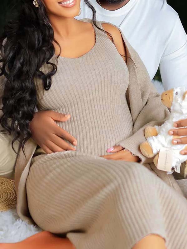 Light Coffee Knit Tank Dress And Long Cardigan Two Piece Set Maternity Maxi Dress for Maternity