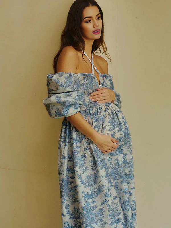 Floral Smocked Lace-up Off Shoulder A-line Maternity Maxi Dress for Maternity