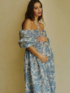 Floral Smocked Lace-up Off Shoulder A-line Maternity Maxi Dress for Maternity