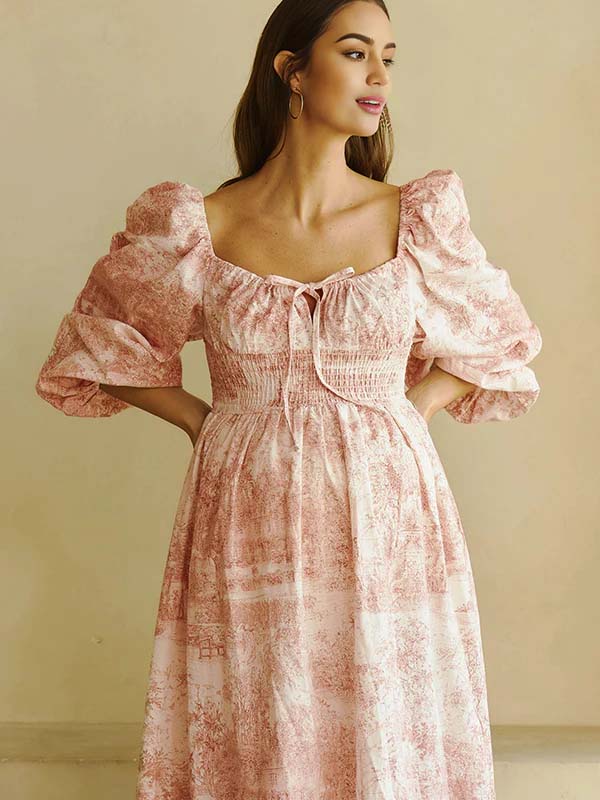 Floral Smocked Lace-up Off Shoulder A-line Maternity Maxi Dress for Maternity