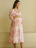 Floral Smocked Lace-up Off Shoulder A-line Maternity Maxi Dress for Maternity