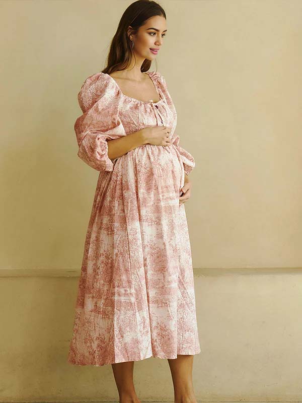 Floral Smocked Lace-up Off Shoulder A-line Maternity Maxi Dress for Maternity