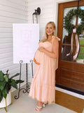 Light Pink Polka Dot Bow Ruffle Falbala Tie-shoulder A-line Tulle Princess Dress Maxi Dress for Maternity