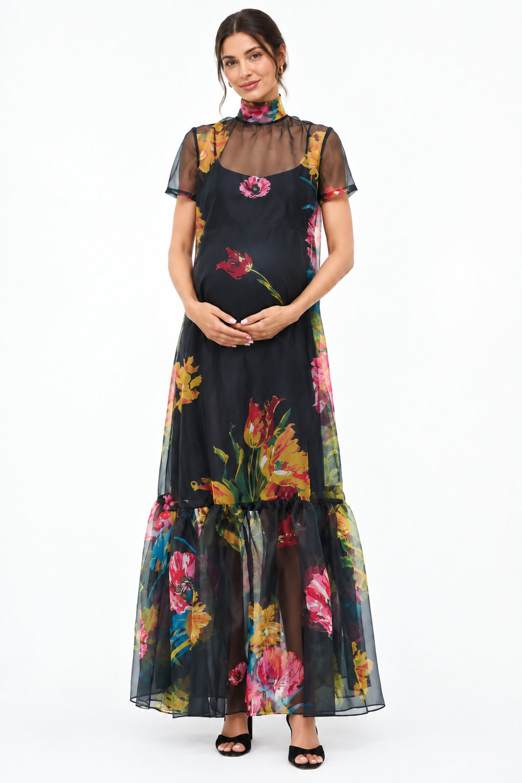 Chic Floral Falbala Backless Bodycon Maternity Maxi Dress for Baby Shower - Momymoments