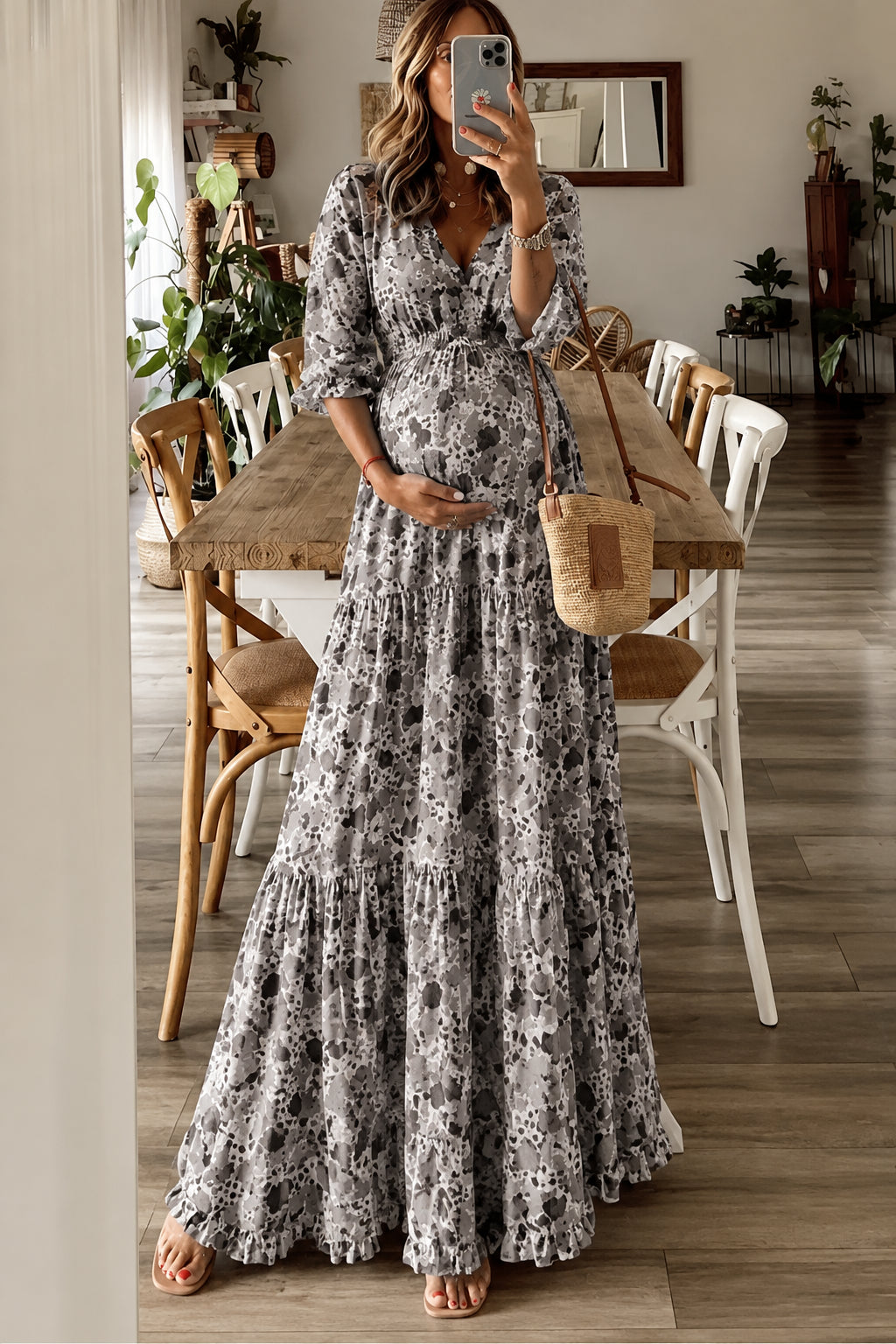 Boho Floral Print Tiered Maxi Dress | Long Sleeve Maternity & Photoshoot Dress - Momymoments