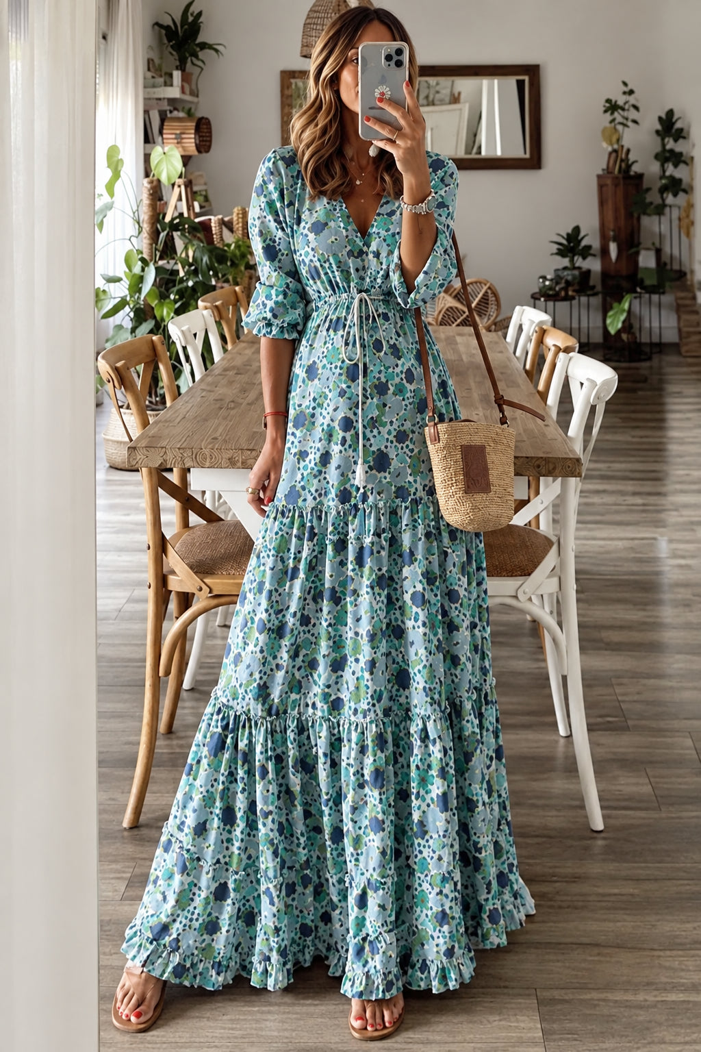 Boho Floral Print Tiered Maxi Dress | Long Sleeve Maternity & Photoshoot Dress - Momymoments