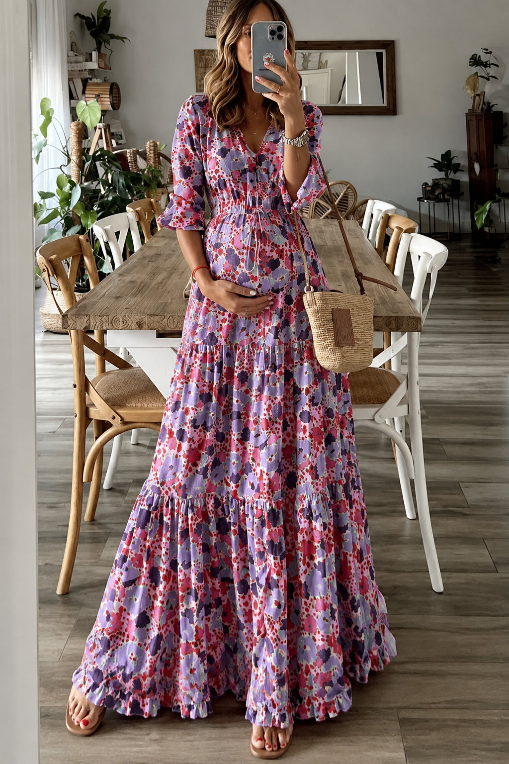 Boho Floral Print Tiered Maxi Dress | Long Sleeve Maternity & Photoshoot Dress - Momymoments