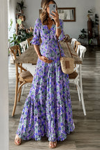 Boho Floral Print Tiered Maxi Dress | Long Sleeve Maternity & Photoshoot Dress - Momymoments