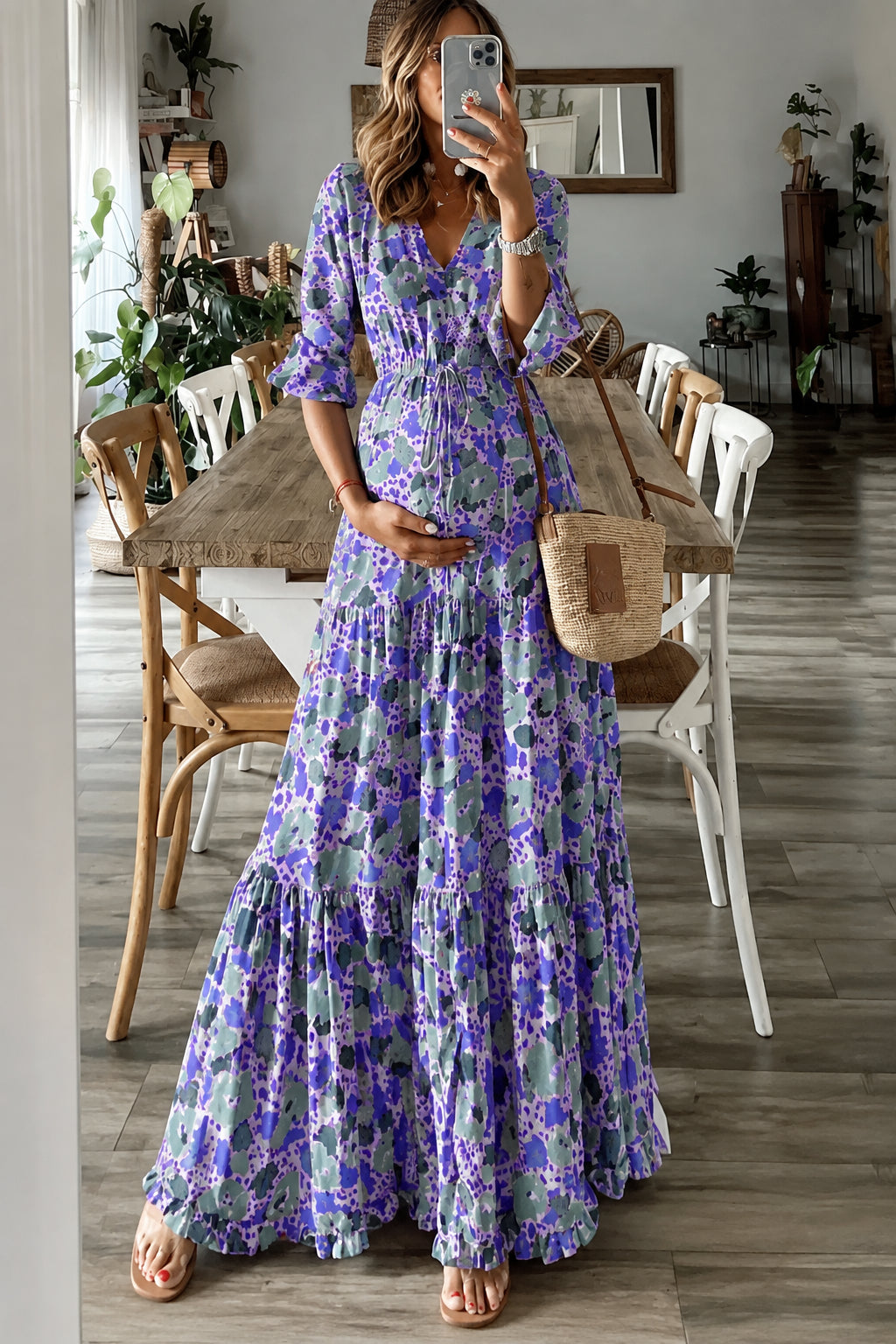 Boho Floral Print Tiered Maxi Dress | Long Sleeve Maternity & Photoshoot Dress - Momymoments