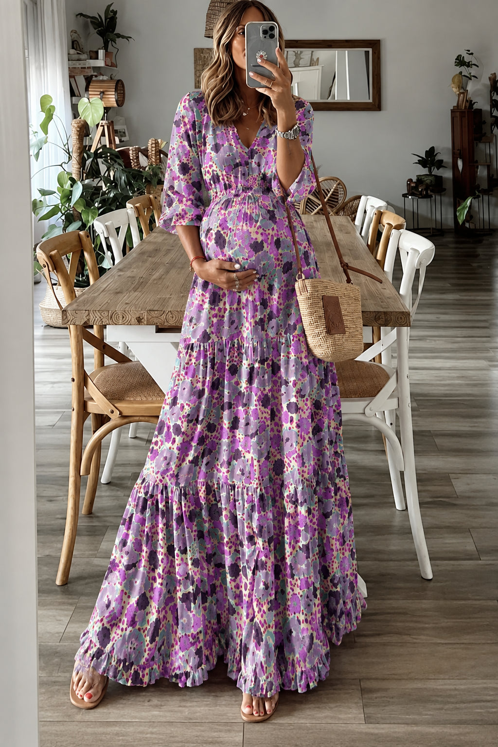 Boho Floral Print Tiered Maxi Dress | Long Sleeve Maternity & Photoshoot Dress - Momymoments