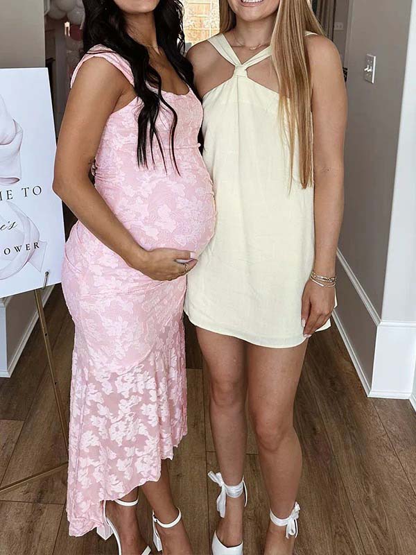 Pink Lace Ruched Corset High-low Tank Mermaid Elegant Cocktail Gown Maternity Baby Shower Maxi Dress for Maternity