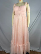 Light Pink Polka Dot Bow Ruffle Falbala Tie-shoulder A-line Tulle Princess Dress Maxi Dress for Maternity