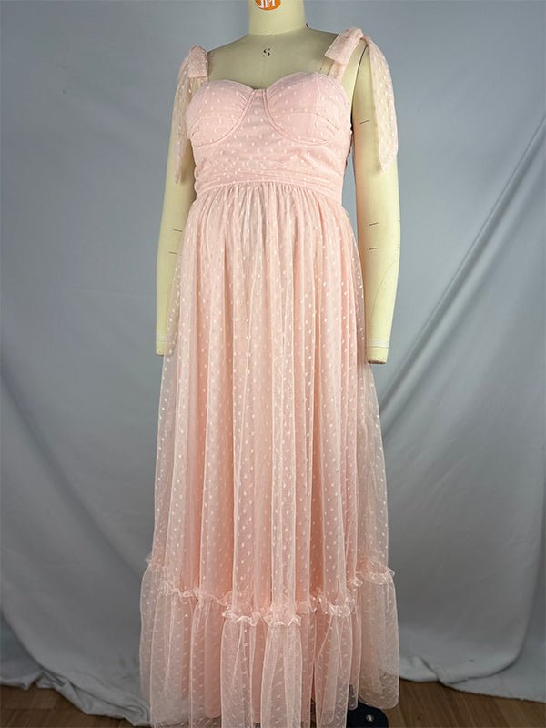 Light Pink Polka Dot Bow Ruffle Falbala Tie-shoulder A-line Tulle Princess Dress Maxi Dress for Maternity