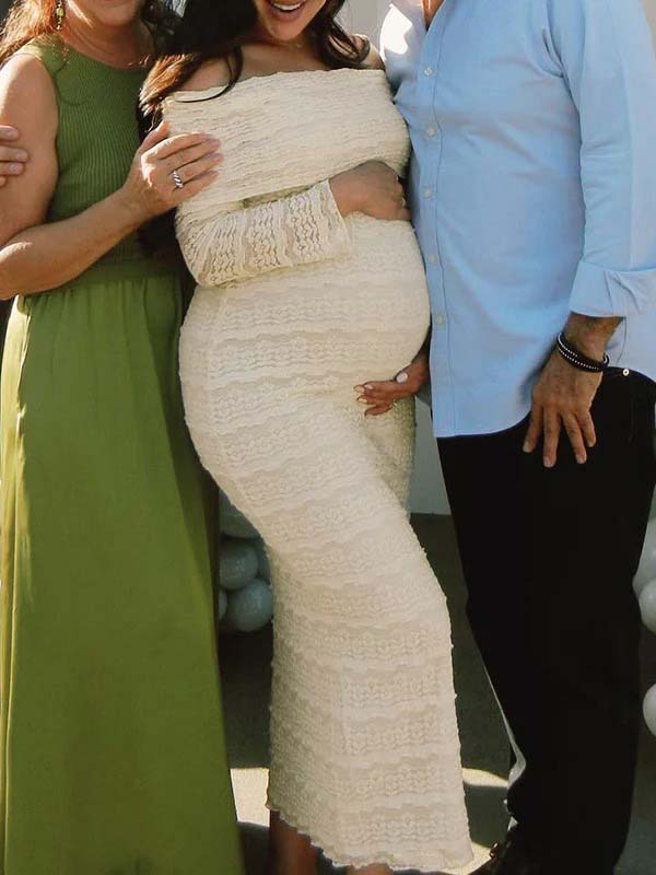 Beige Lace Off Shoulder Ruffle Falbala Bodycon Elegant Maternity Baby Shower Maxi Dress for Maternity