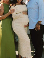 Beige Lace Off Shoulder Ruffle Falbala Bodycon Elegant Maternity Baby Shower Maxi Dress for Maternity