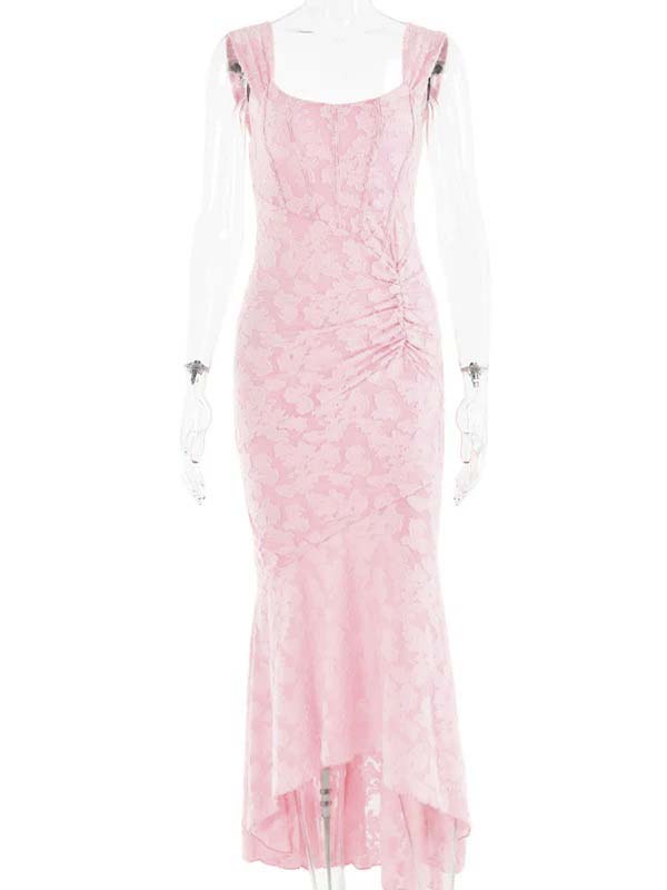 Pink Lace Ruched Corset High-low Tank Mermaid Elegant Cocktail Gown Maternity Baby Shower Maxi Dress for Maternity