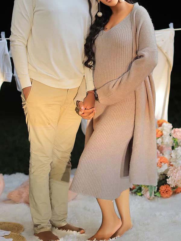 Light Coffee Knit Tank Dress And Long Cardigan Two Piece Set Maternity Maxi Dress for Maternity