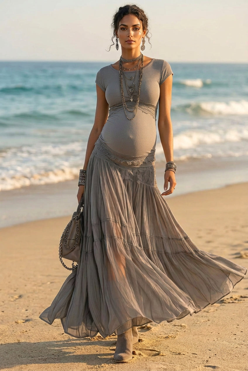 Chic Women's 2-Piece Maternity Set, Slim Fit Lace Splice Top & High Waist Skirt for Baby Shower