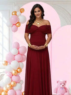 Chic Grenadine Ruched Off Shoulder Flowy Maternity Maxi Dress for Baby Shower - Momymoments