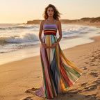 Color Blocked Strapless Pleated Maternity Maxi Dress for Baby Shower & Photoshoot & Summer Party & Wedding Guest