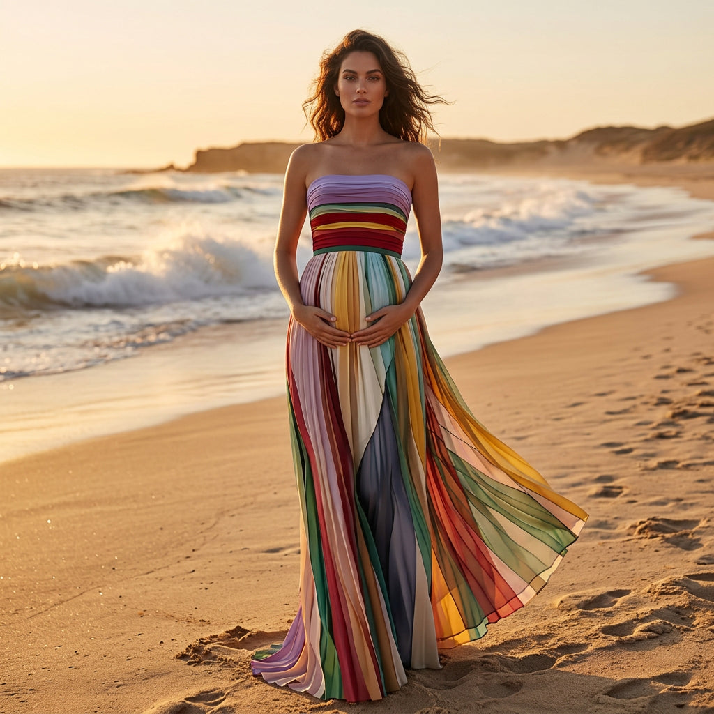 Color Blocked Strapless Pleated Maternity Maxi Dress for Baby Shower & Photoshoot & Summer Party & Wedding Guest