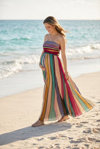 Color Blocked Strapless Pleated Maternity Maxi Dress for Baby Shower & Photoshoot & Summer Party & Wedding Guest