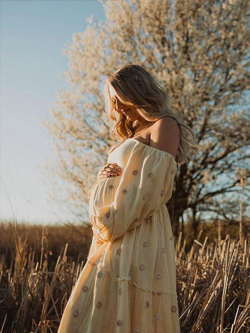 Apricot Daisy Off Shoulder Ruffle Boho Maternity Photoshoot Maxi Dress for Maternity