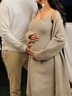Light Coffee Knit Tank Dress And Long Cardigan Two Piece Set Maternity Maxi Dress for Maternity