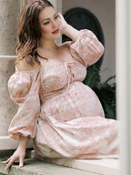 Floral Smocked Lace-up Off Shoulder A-line Maternity Maxi Dress for Maternity