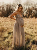 Beige Halter Neck Lace-up Backless Maternity Photoshoot Maxi Dress for Maternity