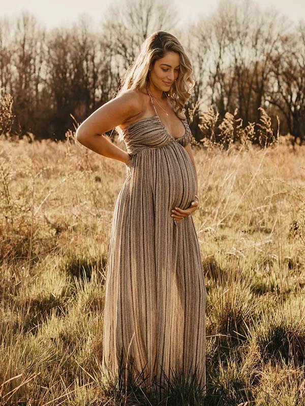 Beige Halter Neck Lace-up Backless Maternity Photoshoot Maxi Dress for Maternity