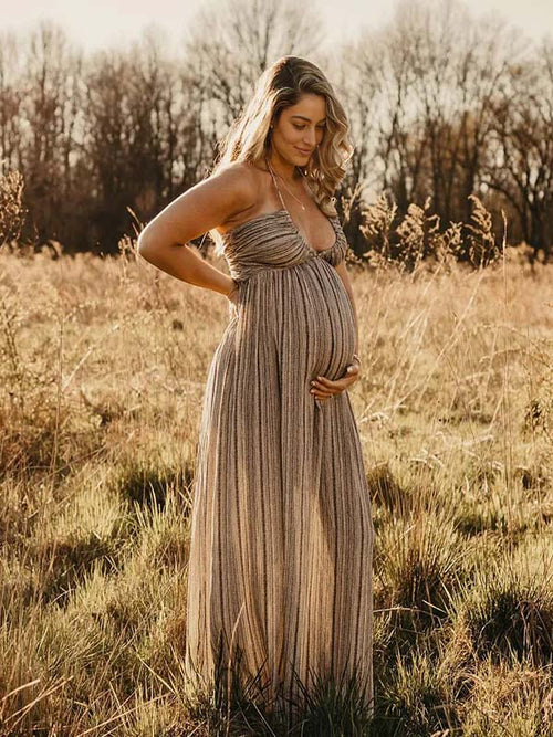 Beige Halter Neck Lace-up Backless Maternity Photoshoot Maxi Dress for Maternity